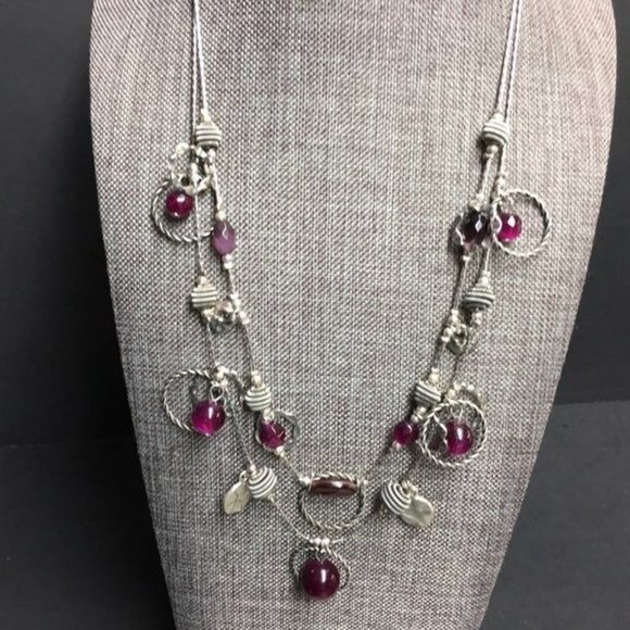 Purple Silver Necklace Wavy Circle Disc Double Strand Round And Retro BoHo - Picture 1 of 7